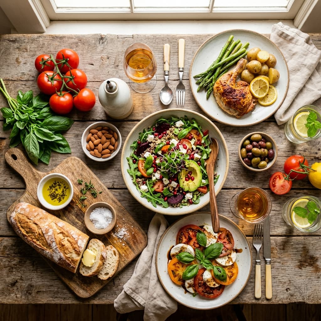 Gourmet healthy organic table spread flat-lay