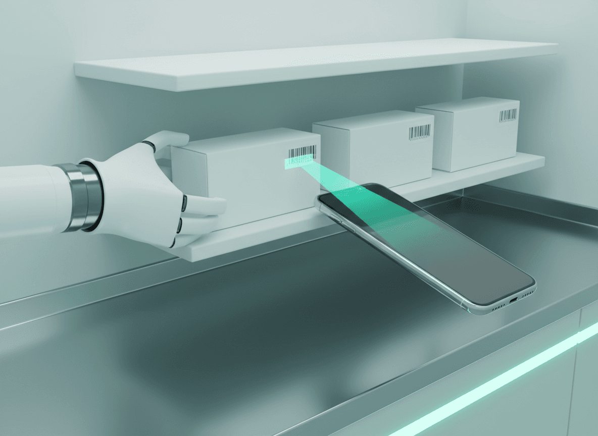 Scanner verifying inventory boxes on a clinic shelf