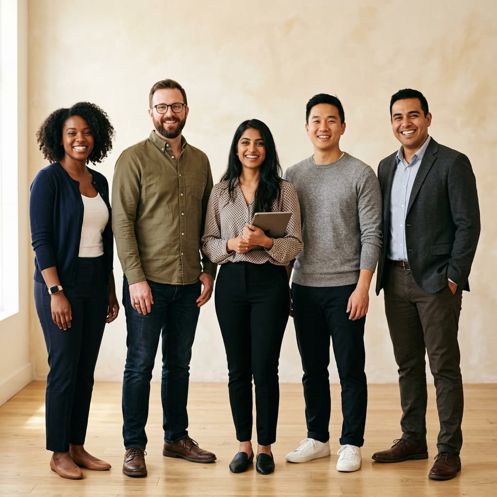 Lexend diverse friendly startup team smiling side-by-side
